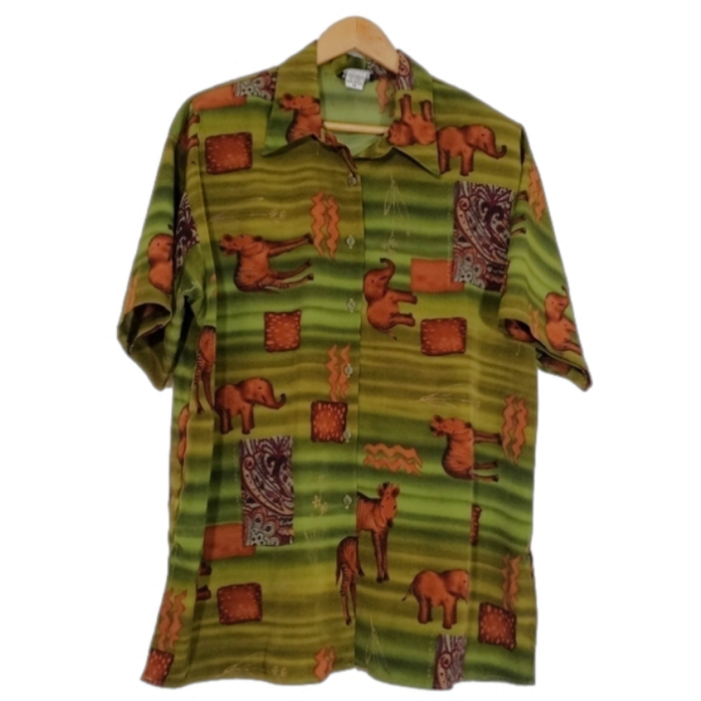 CARIBOU Button down Blouse Olive Green with  Zebras and Elephant Size 1x